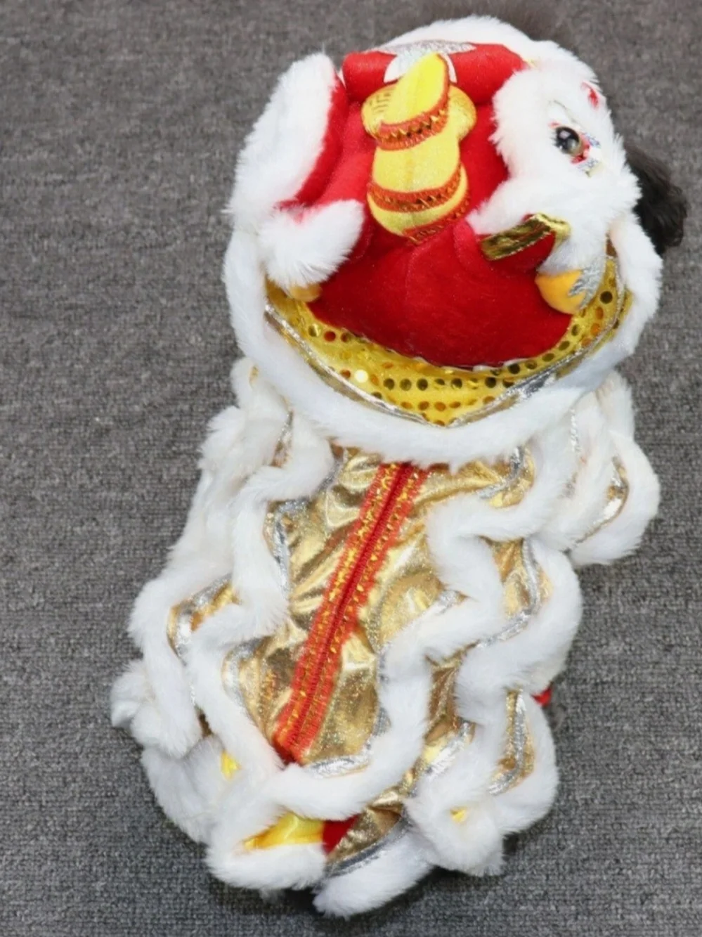 Festive White and Gold Chinese Lion Dance Headpiece Dog Costume